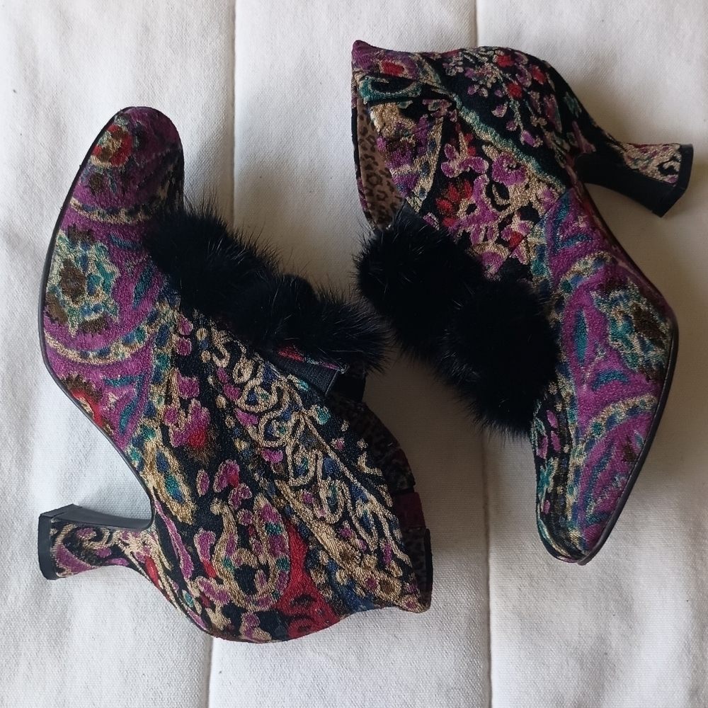 Baci Colorful Patterned Victorian Style Ankle Boots with Black MINK Fur Trim_6 - Picture 3 of 7